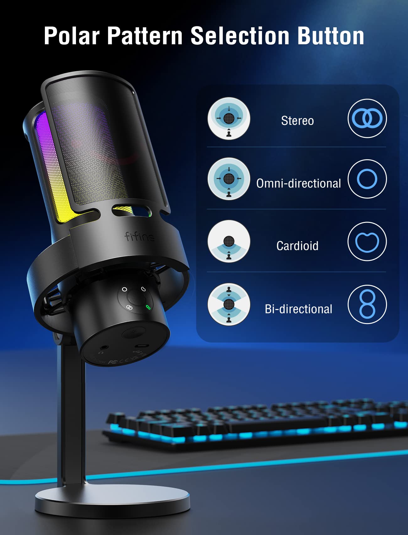 Fifine Gaming Usb Microphone, Pc Computer Mic With 4 Polar Patterns For Podcast Streaming Recording Youtube, Rgb Condenser Deskt